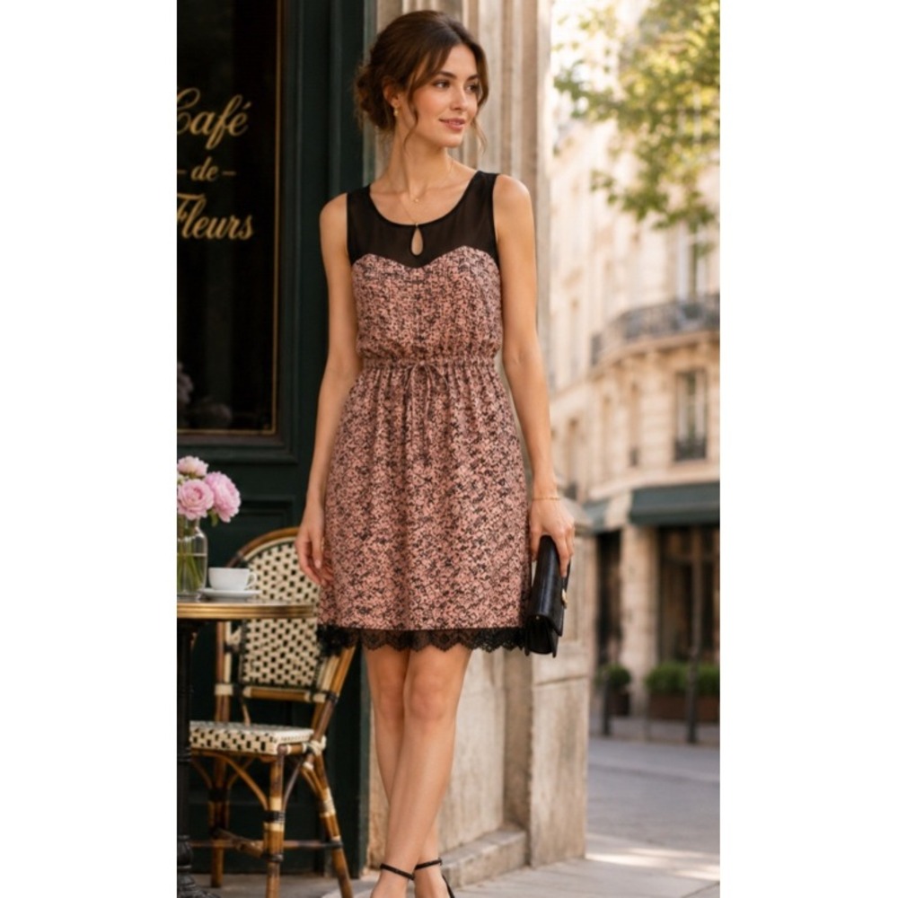 Anthropologie Moulinette Soeurs Pink Black Abstract Mesh Lace Trim Dress Size 6